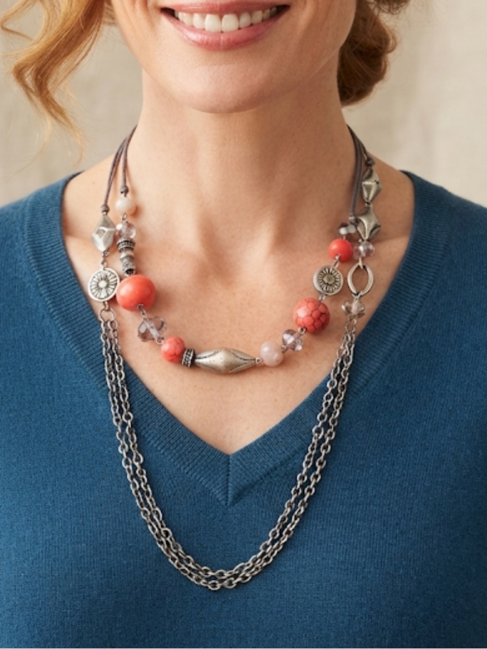 Dress Barn Coral Bead Multi-Strand Necklace with Silver Accents